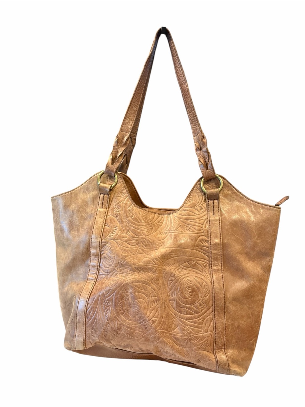 The Sak Sierra Leather Shopper Tote Bag Dark Beige Brown Braid Shoulder Straps